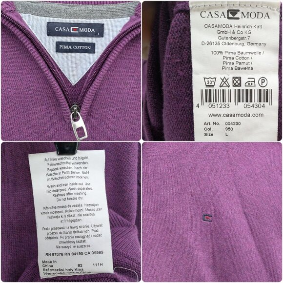 Casa Moda 1/4 Zip Sweater Mens Purple Pima Cotton Knit Pullover Size L - Picture 4 of 8